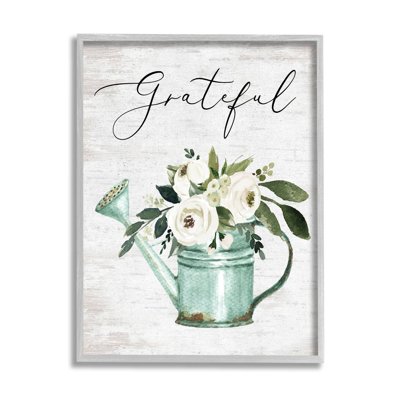 Stupell Industries Grateful Sentiment Vintage Turquoise Watering Can Flower Bouquet Framed Wall Art